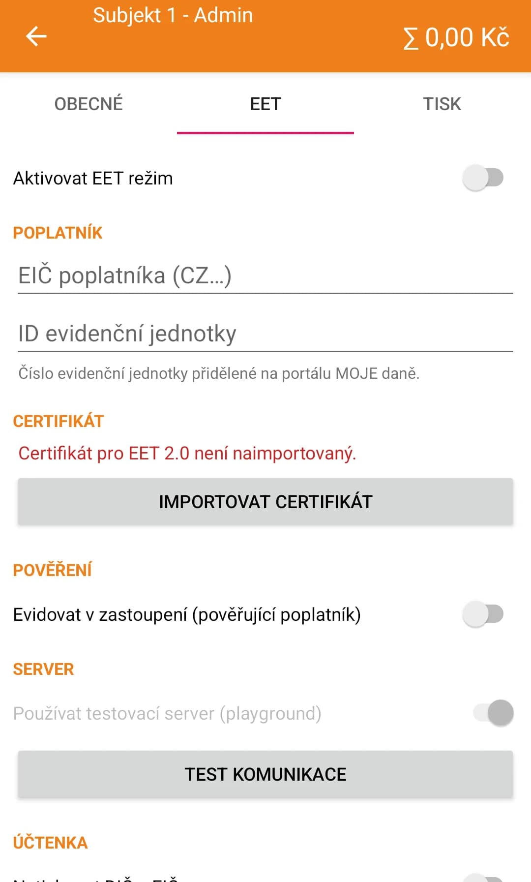 Snímek obrazovky aplikace Conto Mobile – pokladna pro Android – Podpora EET 2.0 v nové verzi