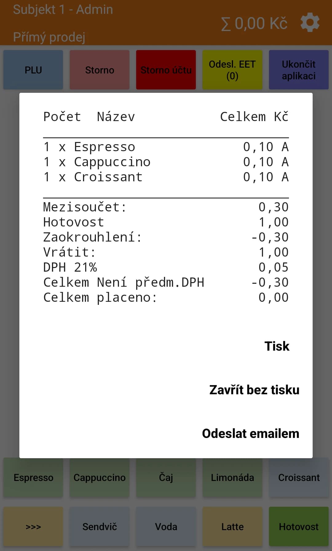 Snímek obrazovky aplikace Conto Mobile – pokladna pro Android – Účtenka na papíře i v e-mailu