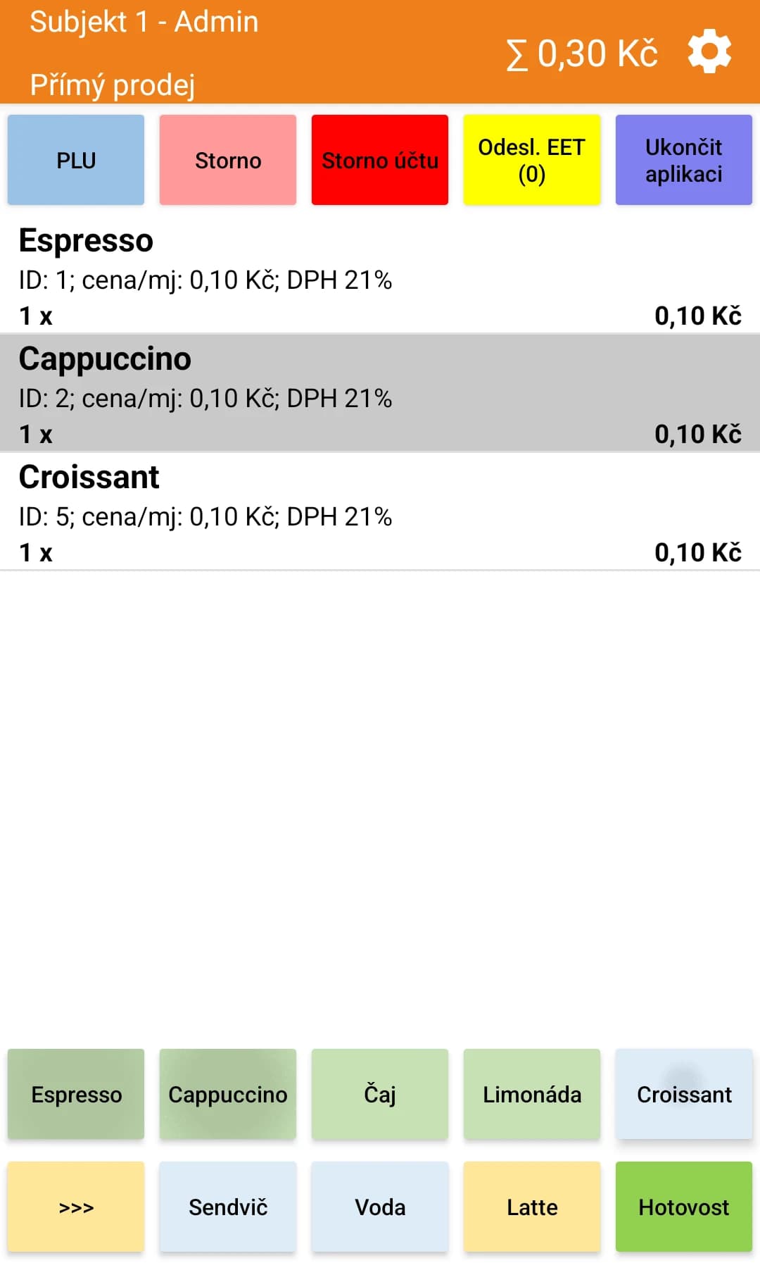 Snímek obrazovky aplikace Conto Mobile – pokladna pro Android – Prodej podle vašeho ceníku