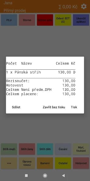 EET pokladna Conto Mobile — obrazovka 2