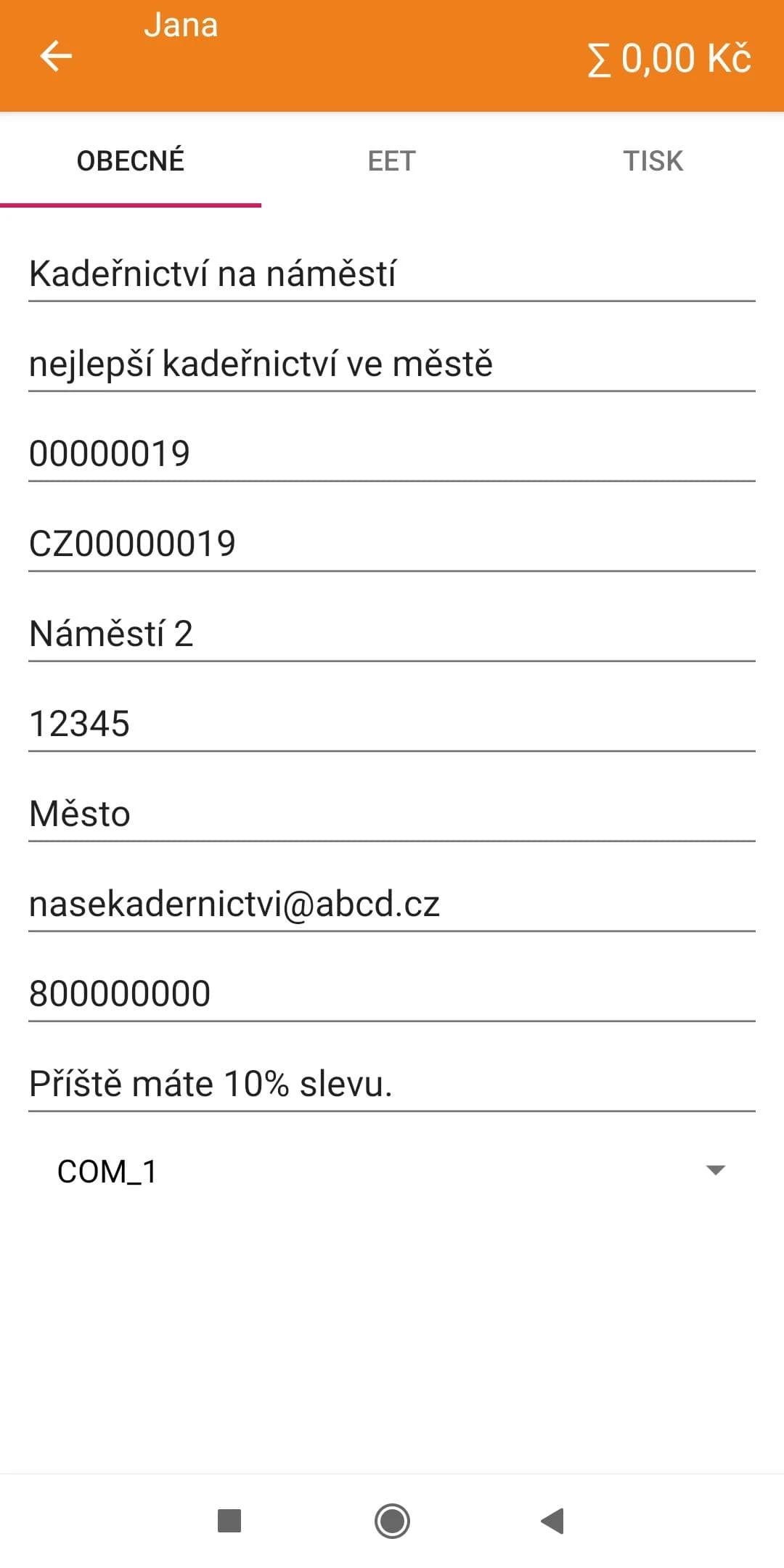 EET pokladna Conto Mobile — obrazovka 5