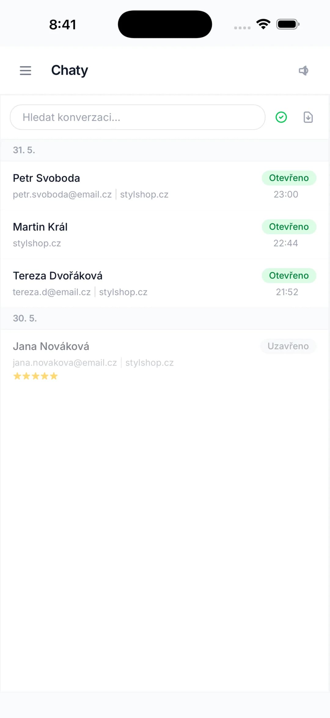 Snímek obrazovky aplikace ChatNaWeb – Všechny konverzace přehledně na jednom místě