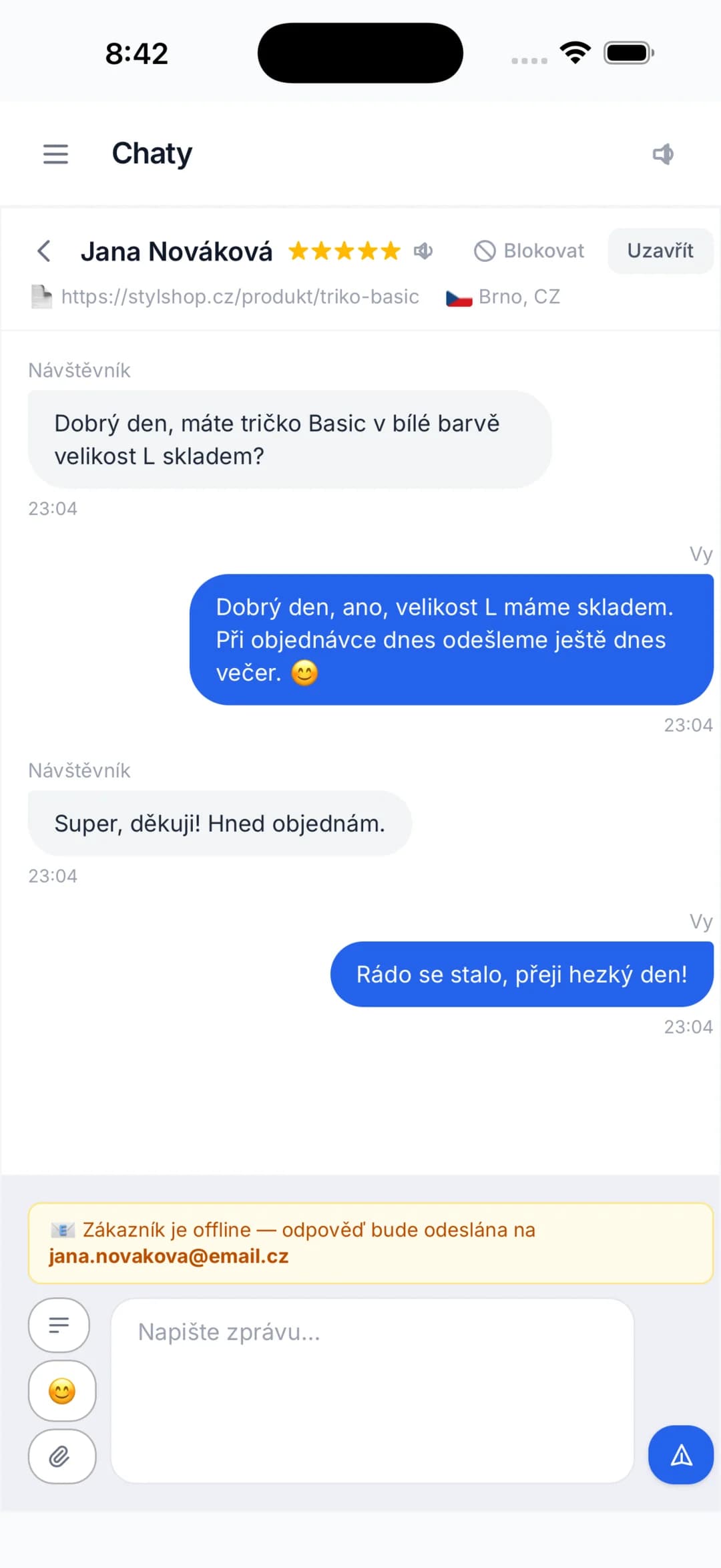 Snímek obrazovky aplikace ChatNaWeb – Odpovídejte návštěvníkům v reálném čase