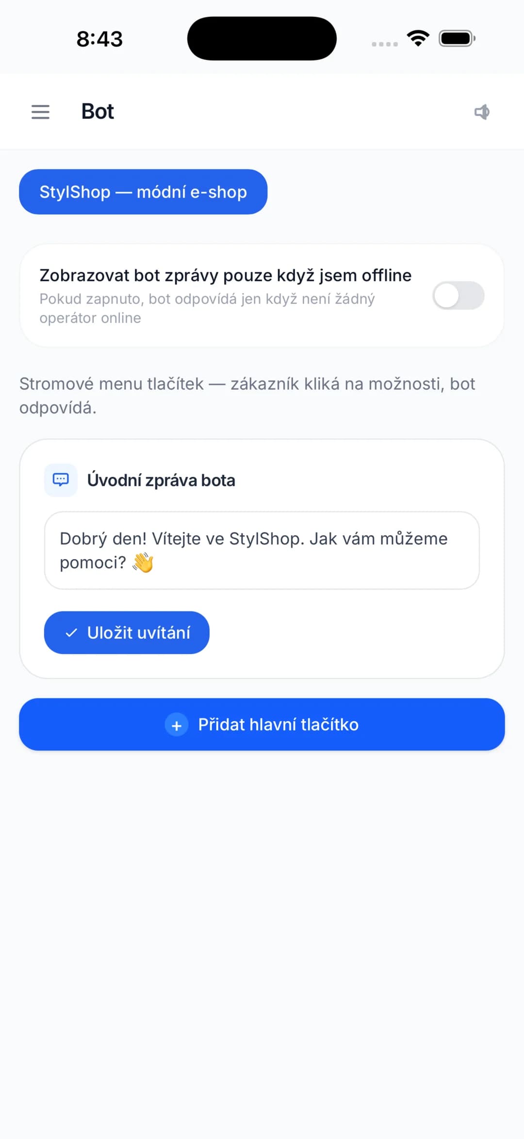Snímek obrazovky aplikace ChatNaWeb – Chatbot odpoví, i když nejste online