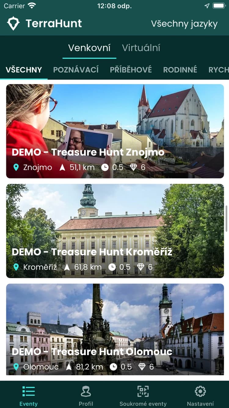 Snímek obrazovky aplikace TerraHunt – Najít hru a vyrazit za zážitkem