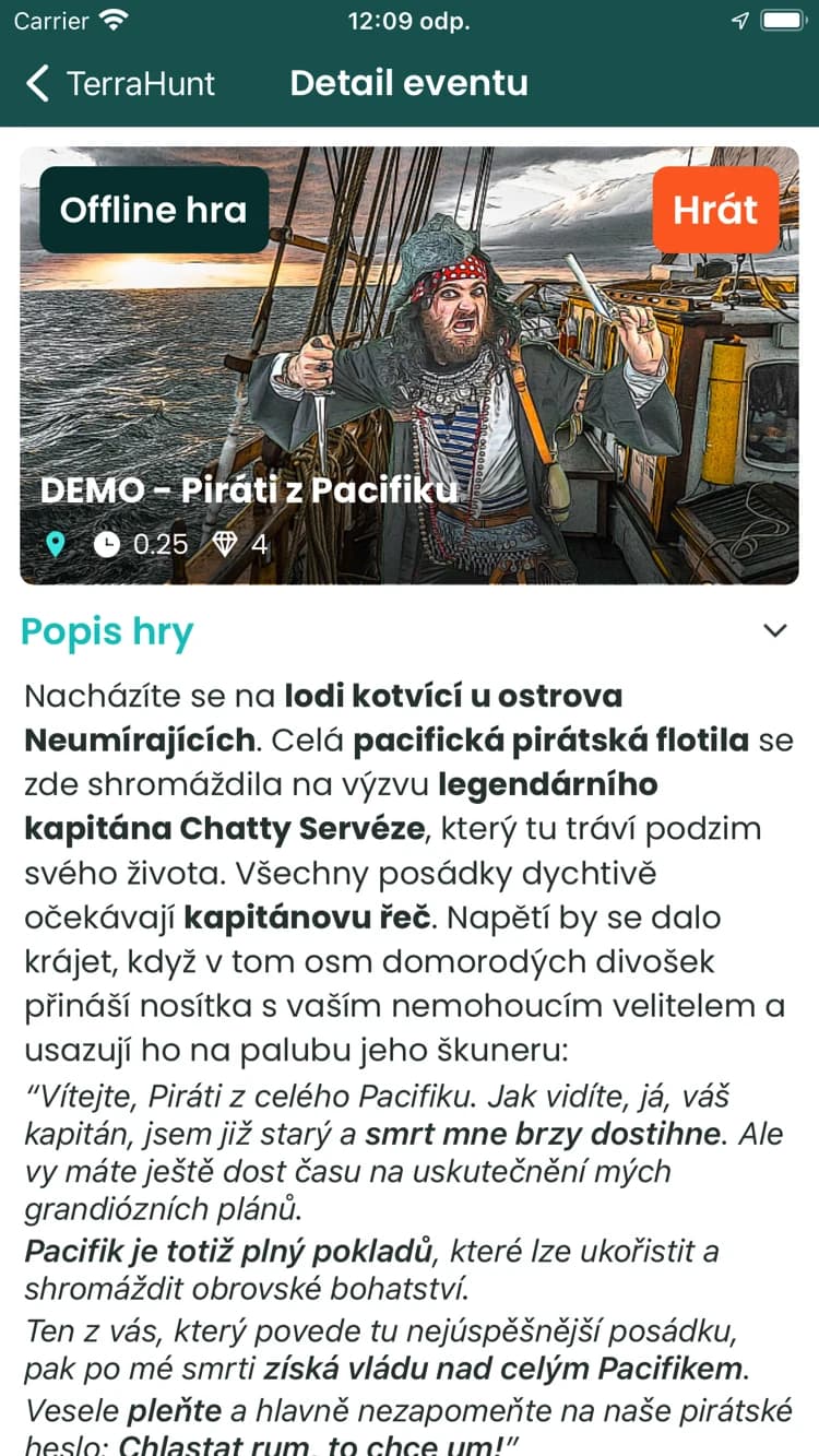 Snímek obrazovky aplikace TerraHunt – V terénu i doma. S přípravou na slabý signál.