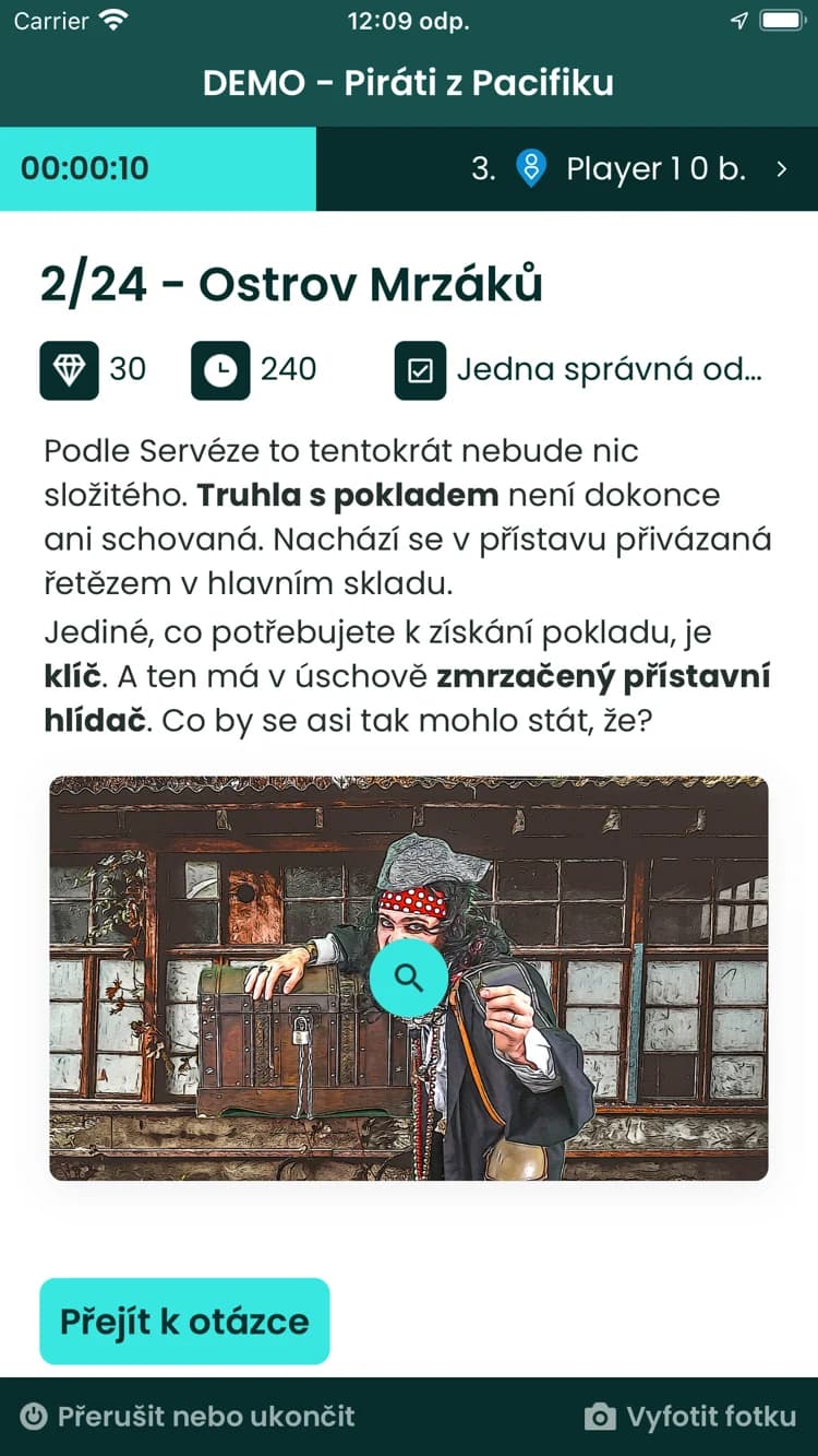 Snímek obrazovky aplikace TerraHunt – Příběh, který tým řeší společně