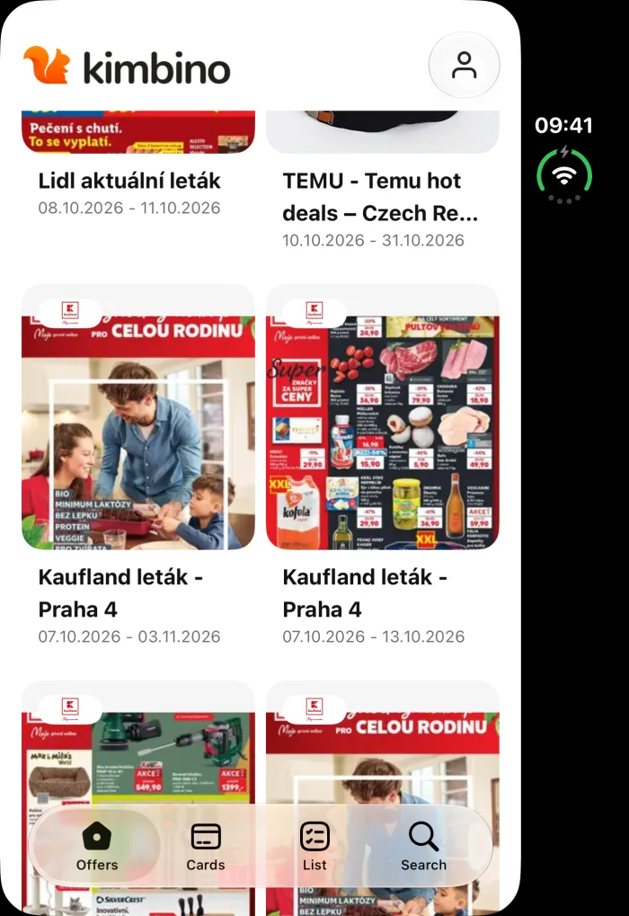 Kimbino na vnějším displeji iPhonu Duo bez aktualizace: aplikace v rámečku, vpravo černý pruh, dole lišta s navigací.