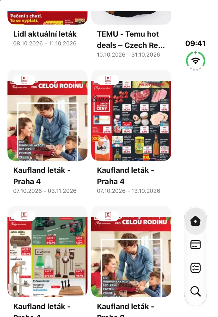 Kimbino na vnějším displeji iPhonu Duo po aktualizaci pro iOS 27.1: aplikace přes celý displej, navigace ve svislém panelu u pravého okraje.