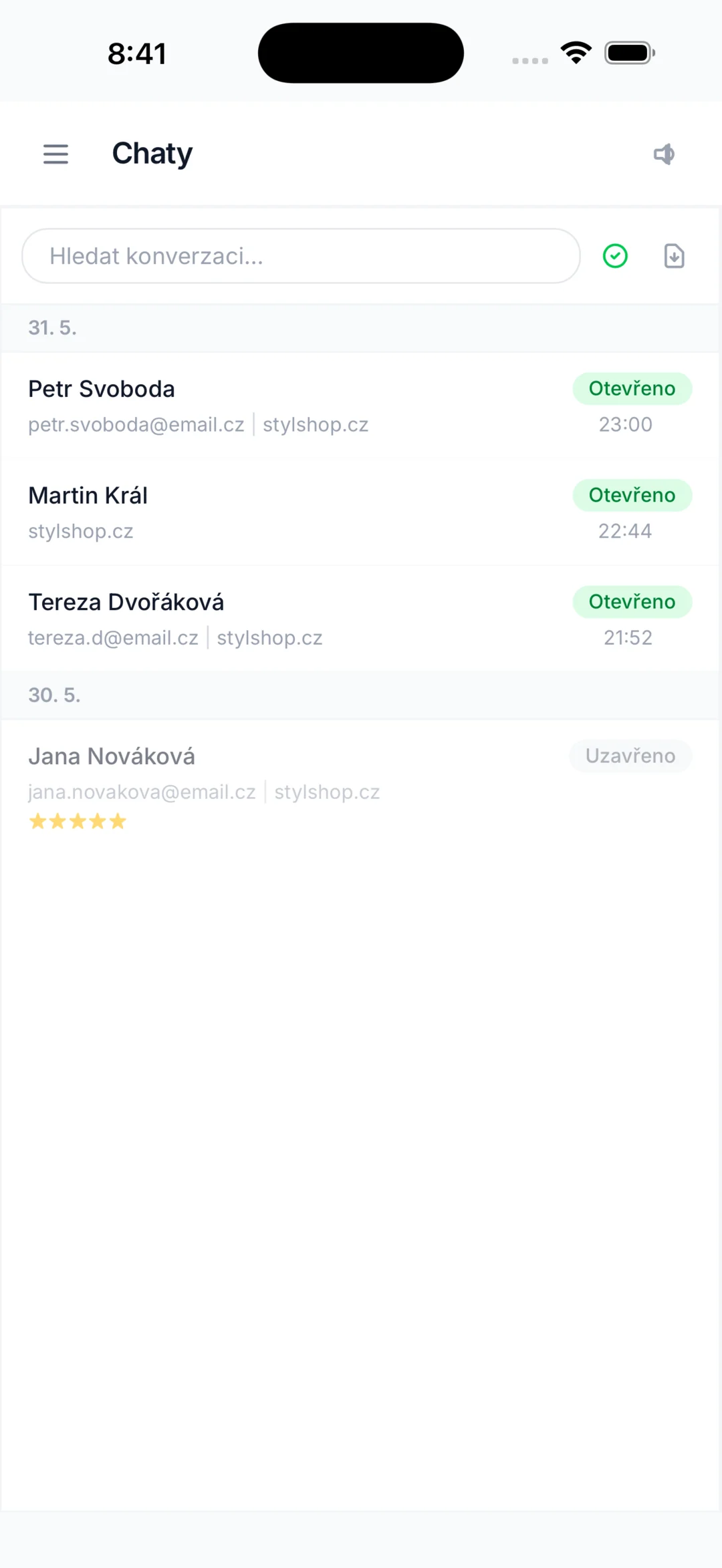 Snímek obrazovky aplikace ChatNaWeb – Všechny konverzace přehledně na jednom místě