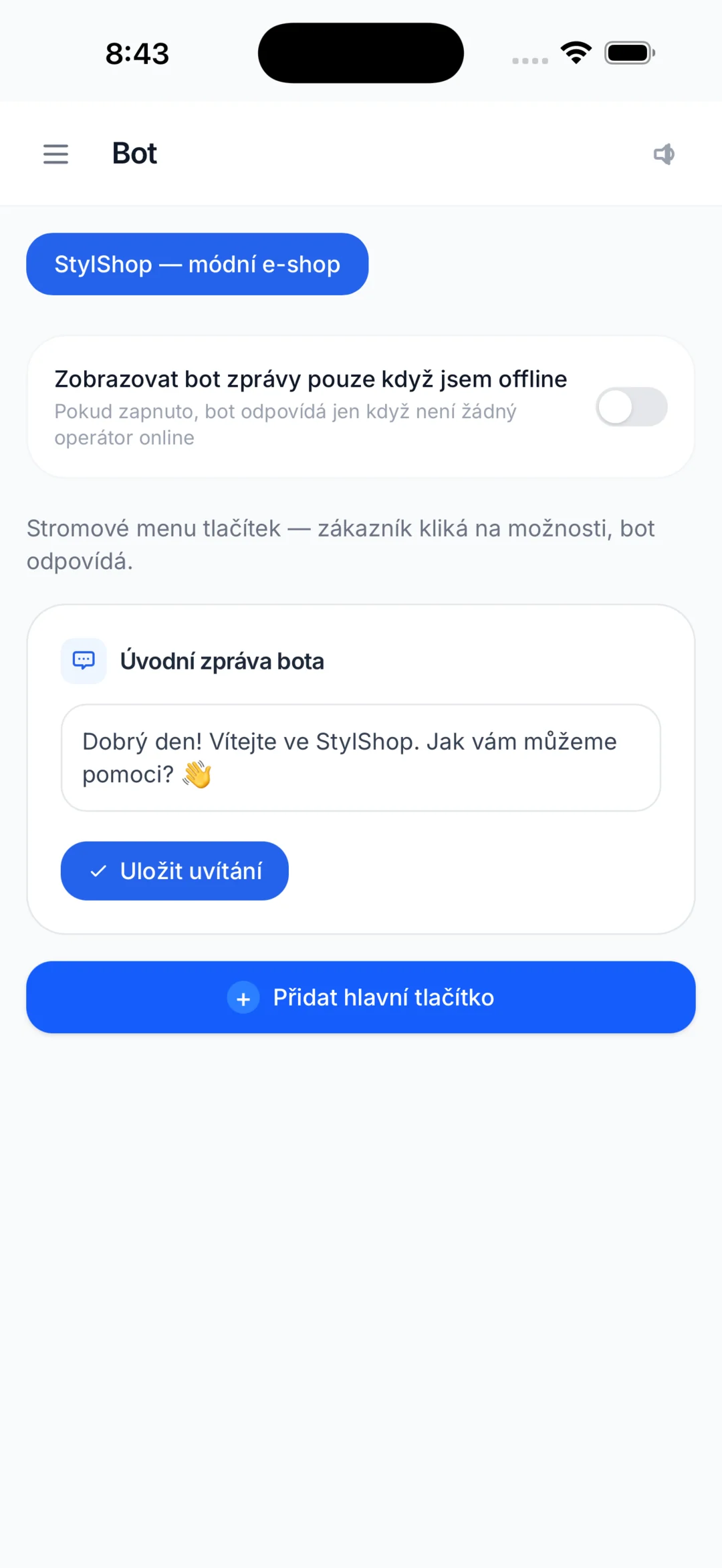 Snímek obrazovky aplikace ChatNaWeb – Chatbot odpoví, i když nejste online