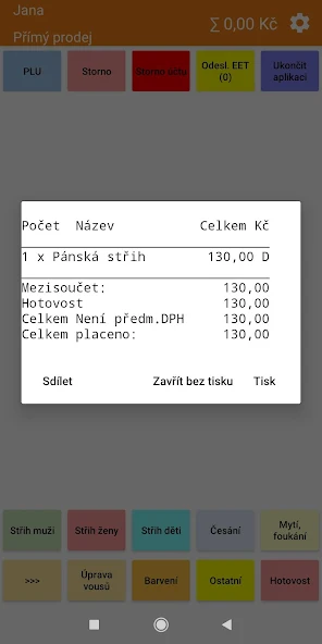 EET pokladna Conto Mobile — obrazovka 2