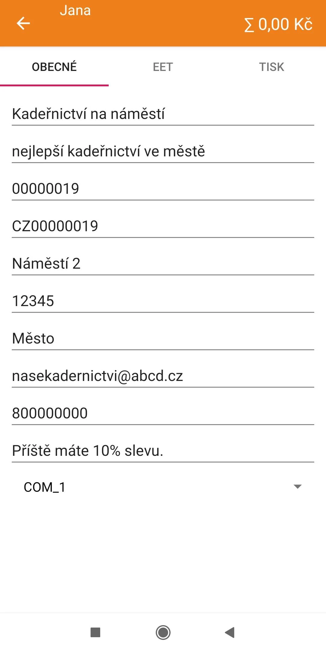 EET pokladna Conto Mobile — obrazovka 5